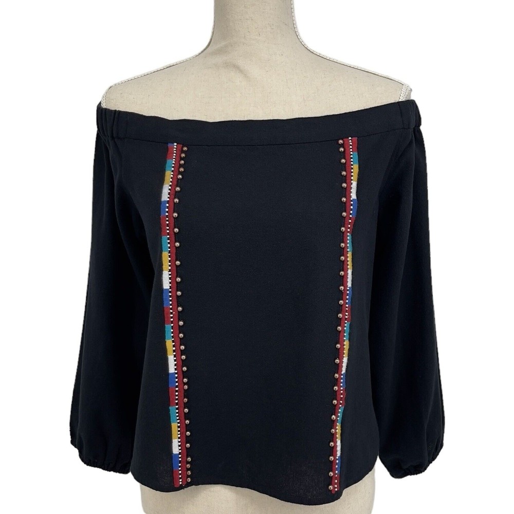 Piper Townsen Black Embroidered Beaded Cotton Off Shoulder Boho Blouse Womens M